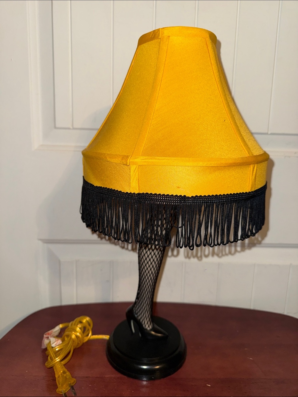 Novelty Leg Lamp with Yellow Shade and Black Fringe